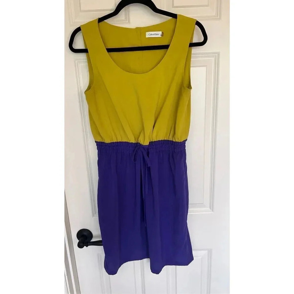 Calvin Klein Women’s Size 8 Blue Yellow Wrap Tie Mini Dress Sleeveless - Picture 2 of 8